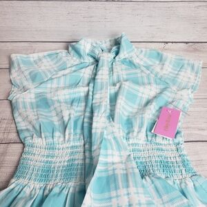 Riley & Rae Blue White Peplum Tie-Neck Elastic Waist Blouse‎ Women's XXS